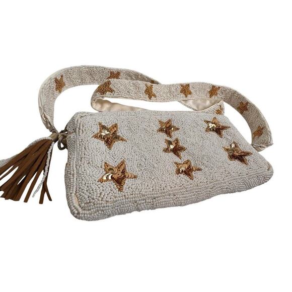 Beaded White Gold Star Crossbody Handbag Purse Rockstar Removeable Strap Bridal - Picture 5 of 16